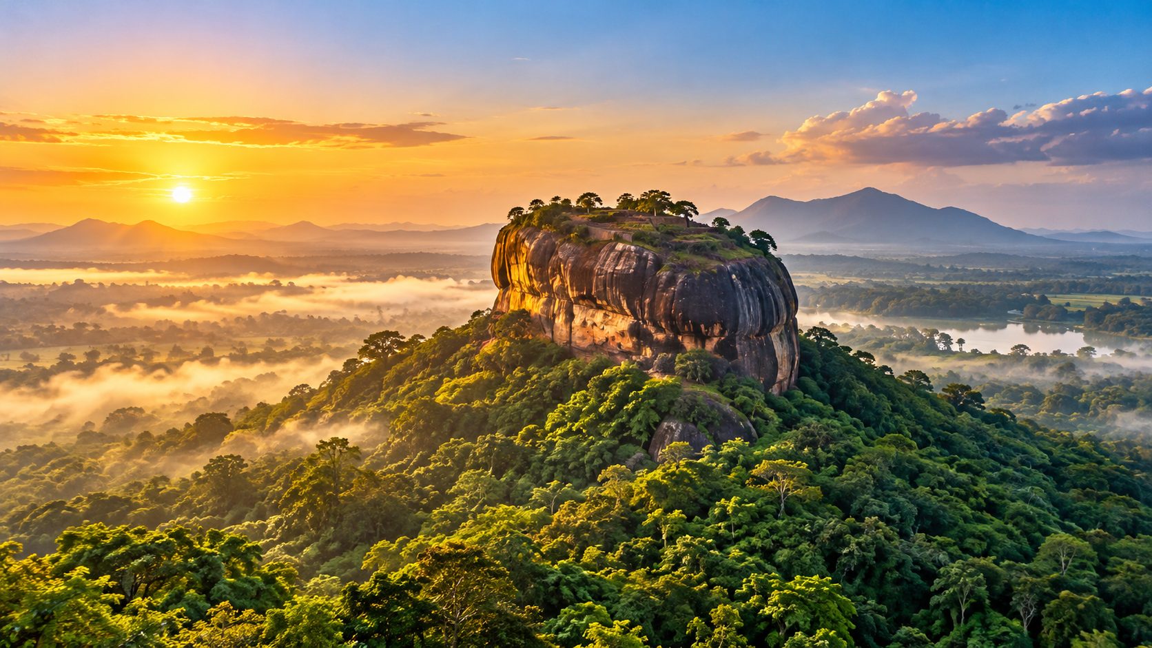 Sigiriya Rock Fortress rising above the green landscape in Sri Lanka