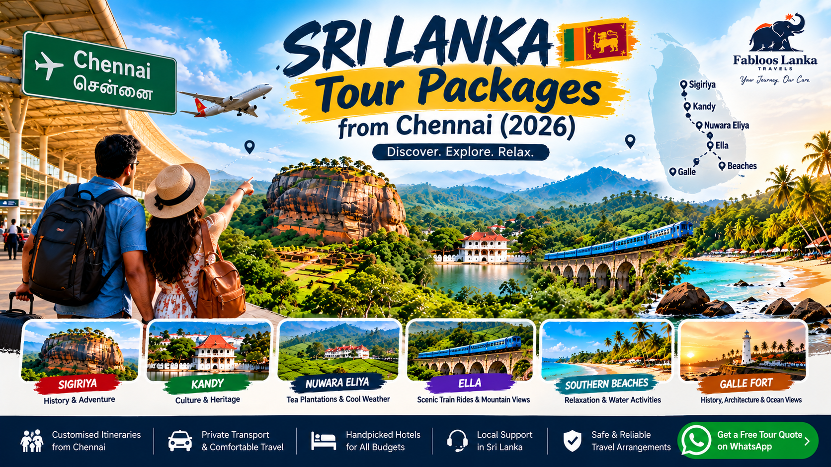 Sri Lanka tour packages from Chennai featuring Sigiriya, Kandy, Ella and tropical beaches